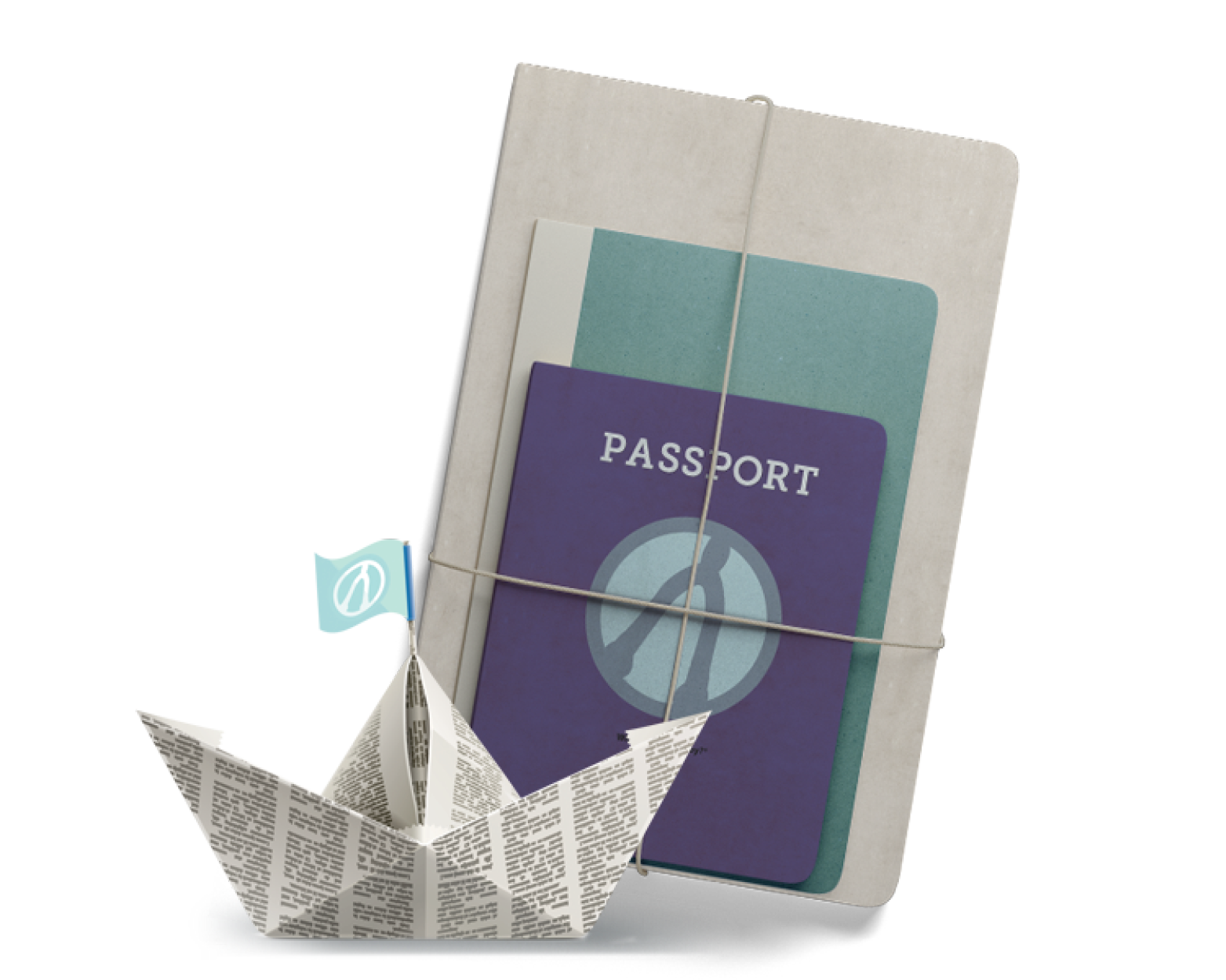 passport and journal bundle with paper boat
